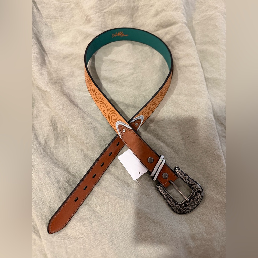 Catchfly Girls XL Tan and Brown Embossed Leather Belt